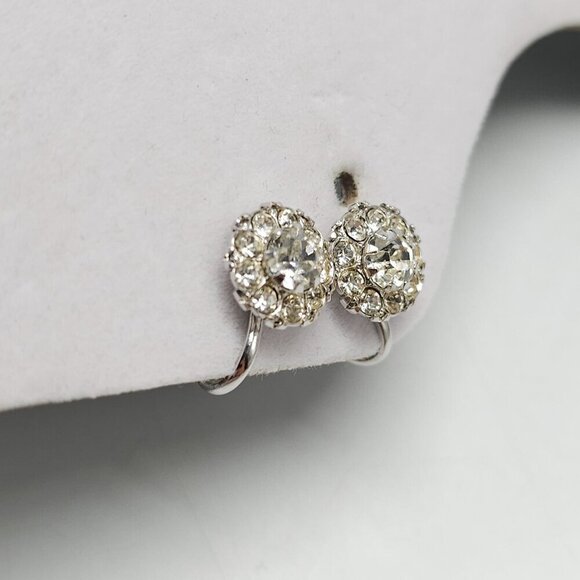 Vintage Coro Screw Back Clip Earrings With Clear Rhinestones Silver Tone Metal - Picture 2 of 4
